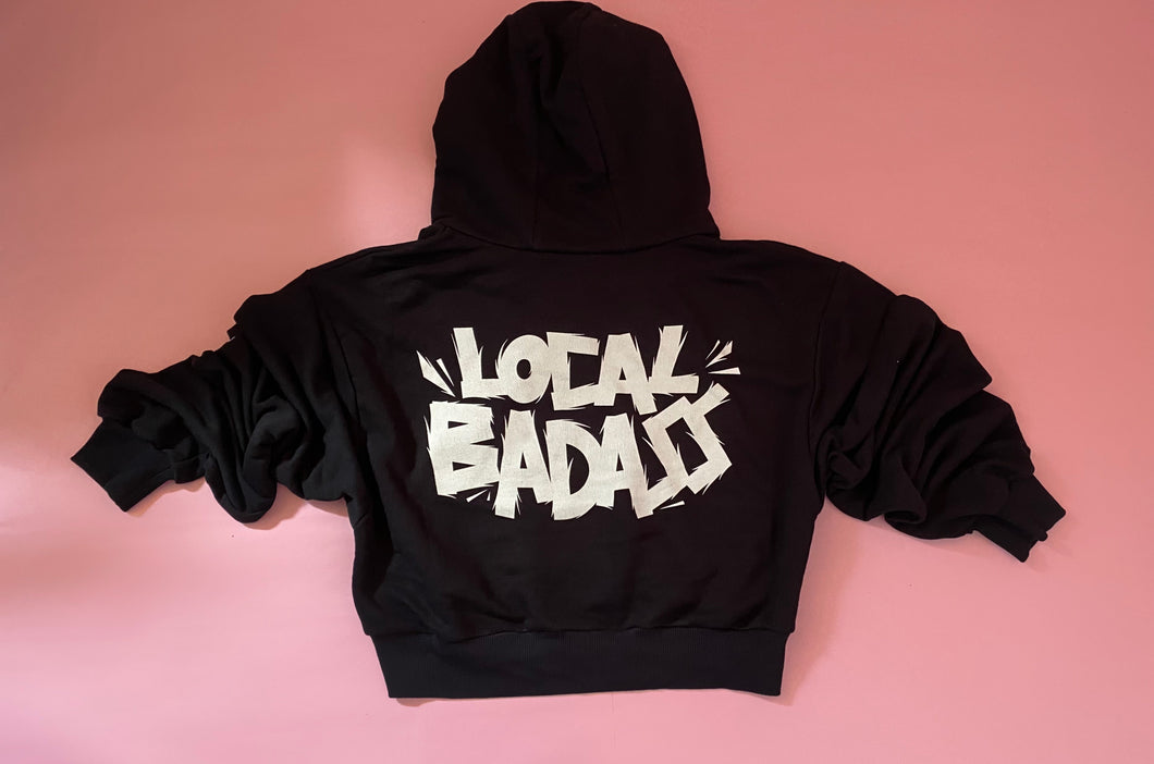 Cropped 'Local Badass' hoodie with zip pockets